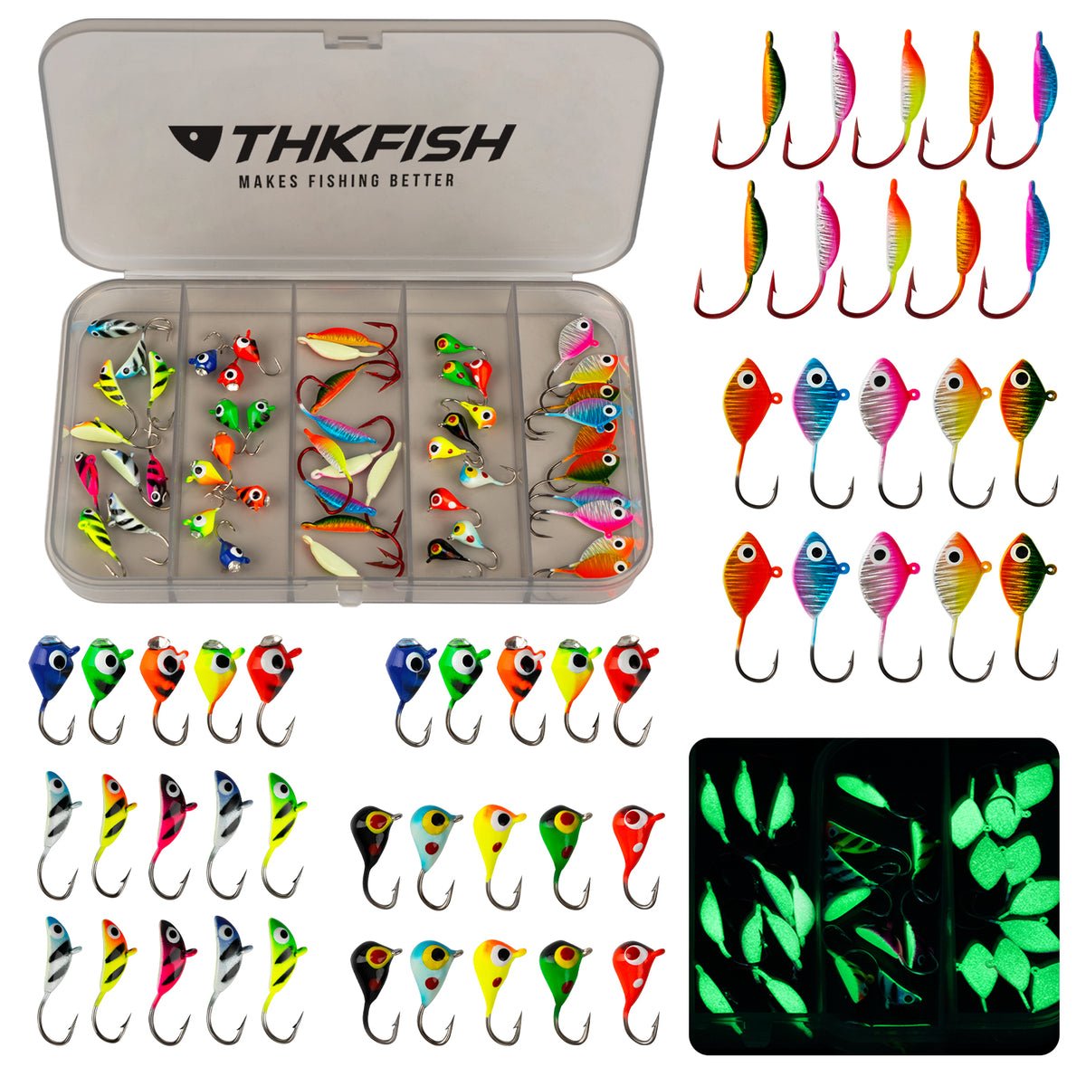 50PCS Ice Fishing Lures Jigs Kit for Walleye Perch